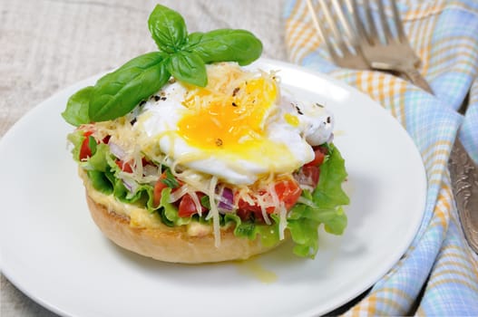 Sandwich with vegetable filling and egg poached, sprinkled cheese