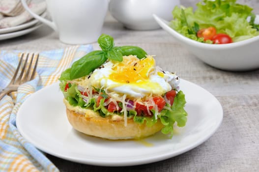 Sandwich with vegetable filling and egg poached, sprinkled cheese