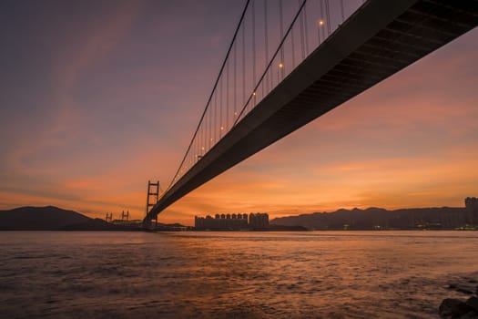 Sunset Under The Tsing Ma Bridge Of Hong Kong