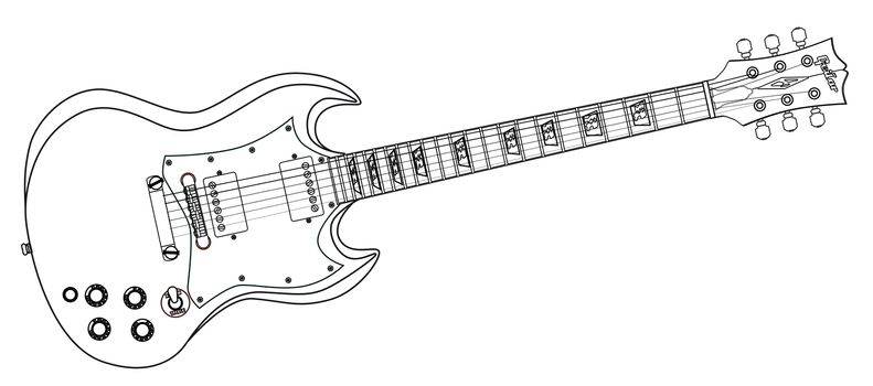A solid body electric guitar line drawing in a white background.