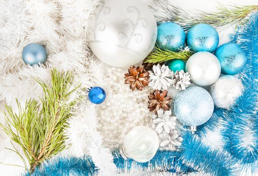 Blue and white new year decorations on white background