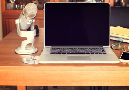 Lap top on a wooden table