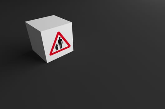 3D RENDERING OF ROAD SIGN ON WHITE BLOCK WITH GREY BACKGROUND