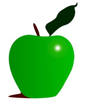 A green apple with stalk and leaf isolated on a white background