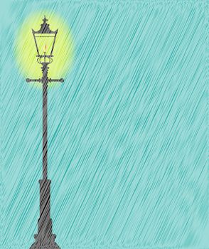 A lit gaslight in a downpour of heavy rain