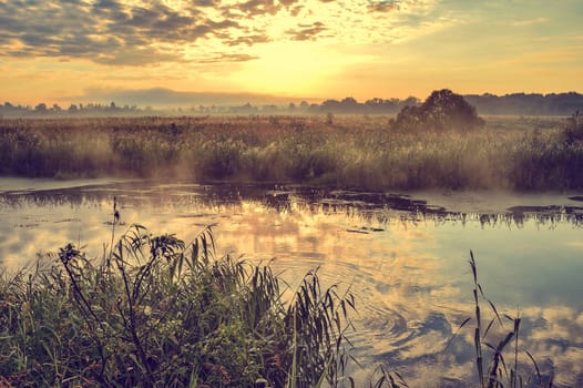 Photo with a sunny summer sunrise over the river.