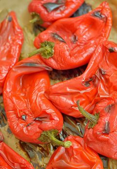 Red bell paprika roasting in the oven