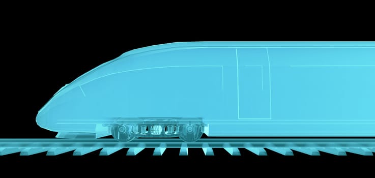 Glow blue high-speed train on black background. 3d illustration