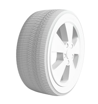 White Car Wheel on White Background. 3D Illustration