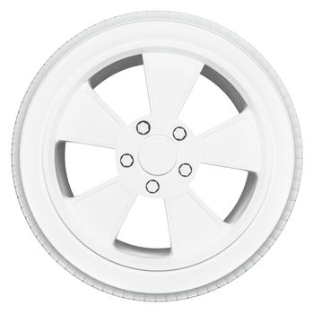 White Car Wheel on White Background. 3D Illustration