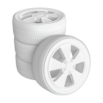 Closeup of white tires, isolated on white background. 3D Illustration