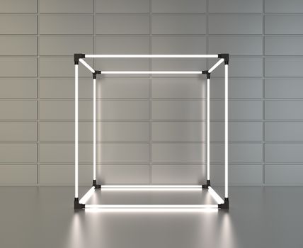 Glowing cube showcase on wall background gray metal tile with reflection. 3d rendering.