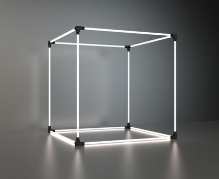 Glowing cube showcase on gray background with reflection. 3d rendering.