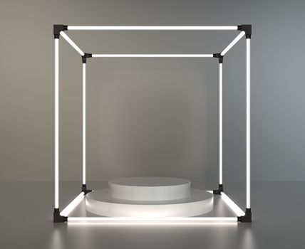 Glowing showcase with round white podium on gray background with reflection. 3d rendering.