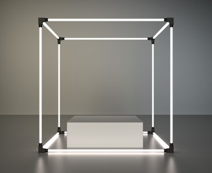 Glowing showcase with white podium on gray background with reflection. 3d rendering.