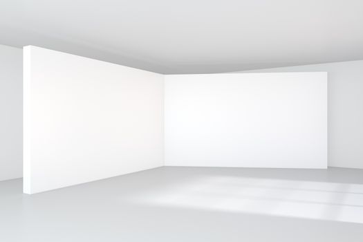 Large white billboard standing near a window in a white room. 3D rendering.