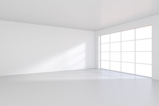 Large room with windows and falling light from the window to the floor. 3D rendering.