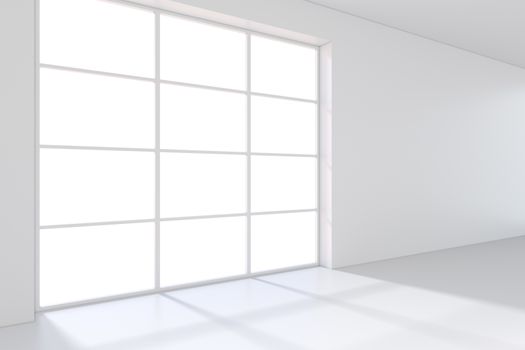 Large window in white room with a bright light. 3D rendering.