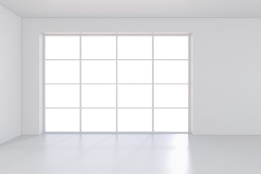 Large window in white room with a bright light. 3D rendering.