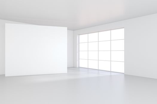 White billboard standing near a window in a white room. 3D rendering.