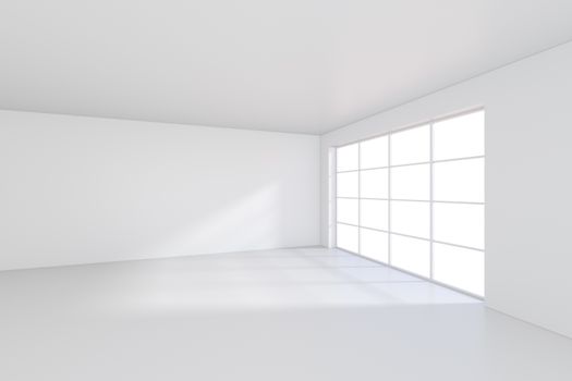 Large room with windows and falling light from the window to the floor. 3D rendering.