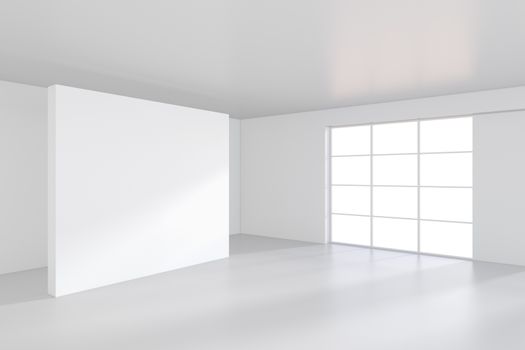 White billboard standing near a window in a white room. 3D rendering.