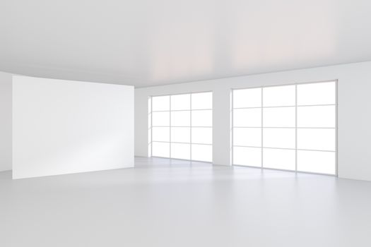 Empty white billboard in a big bright room. 3D rendering.