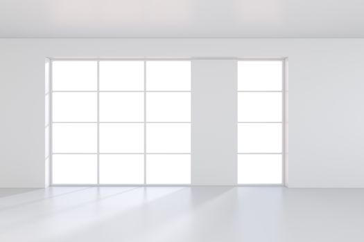 Large window in white room with a bright light. 3D rendering.