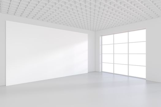 White billboard in an empty office with large windows and beautiful diffused light from the window. 3D rendering.