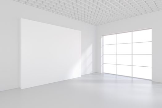 Empty white billboard in a big bright room. 3D rendering.