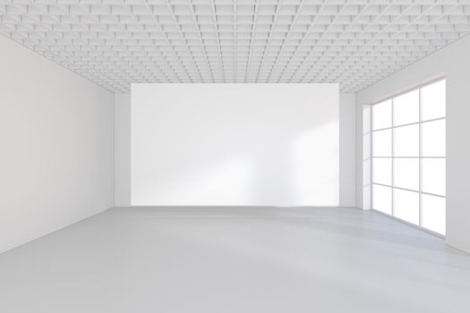 Empty white billboard in a big bright room. 3D rendering.