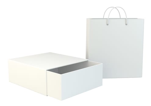 Blank box and shopping bag on a gray floor. 3d rendering.