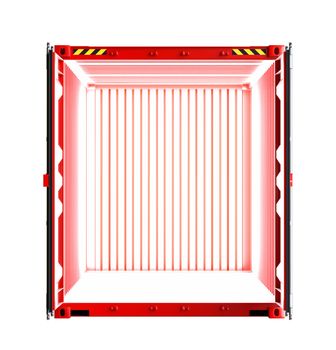 Open red cargo container with light inside. Isolated on white. 3D rendering