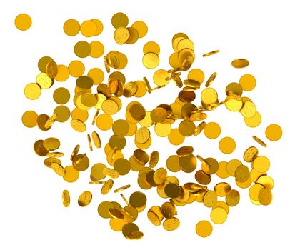 Falling gold coins on white background. 3D Illustration. Top view