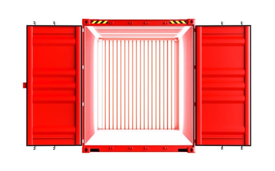 Open red cargo container with light inside. White background. 3D rendering
