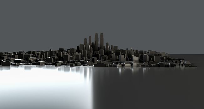 Black city on mirror floor. 3d illustration