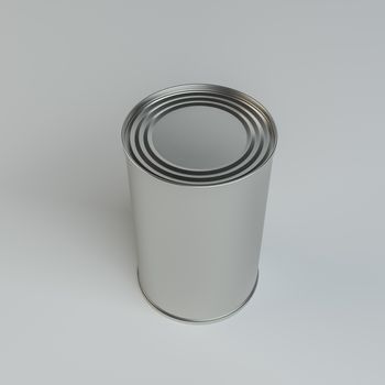 Metal tin can on gray background. 3d illustration. Top view