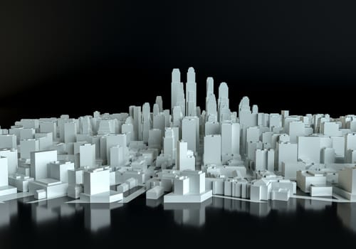 White abstract city from cubes on mirror floor. 3d illustration