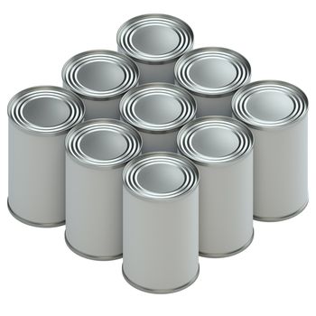 Group of metal tin cans with white paper labels on white background. 3d illustration. Mockup template ready for your design