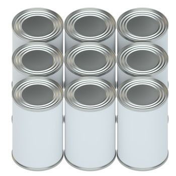 Group of metal tin cans with white paper labels. 3d illustration. Mockup template ready for your design