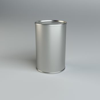 Metal tin can on gray background. 3d illustration. Mockup template ready for your design