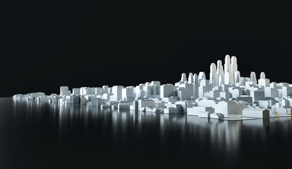 White abstract city from cubes on mirror floor. 3d illustration