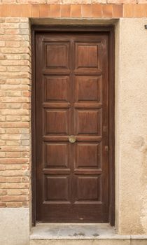Vintage wood door and brick wall. Close-up