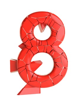 Futuristic red cracked number. Abstract font for your design. Isolated on white background. 3D illustration