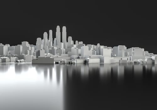 White abstract city from cubes on mirror floor. 3d illustration