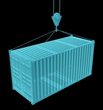 Shipping container with hook. X-ray image, isolated on black. 3D Illustration