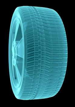 X-Ray Image Of Car Wheel, Isolated on Black Background. 3D Rendering