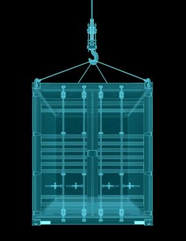 Shipping container with hook. X-ray image, isolated on black. 3D Illustration