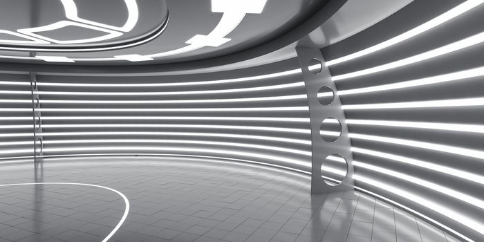 Empty futuristic interior with glossy walls and floor. 3d illustration