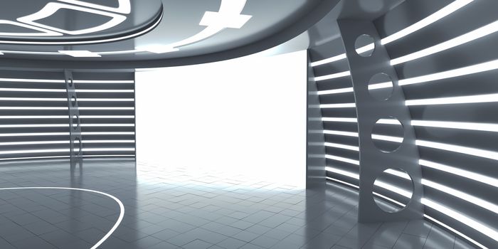 Abstract futuristic interior with glowing panel. 3D Rendering